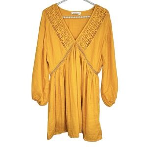 Solai Boho Dress Women Large Yellow Mini Lace Beach Festival Embroidered Cottage